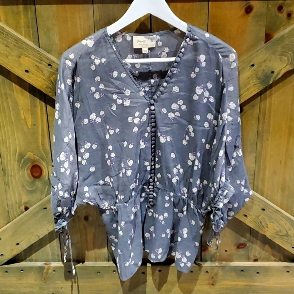 ELIZABETH AND JAMES GRAY FLORAL SHEER SILK BLEND BLOUSE ROMANTIC FEMININE